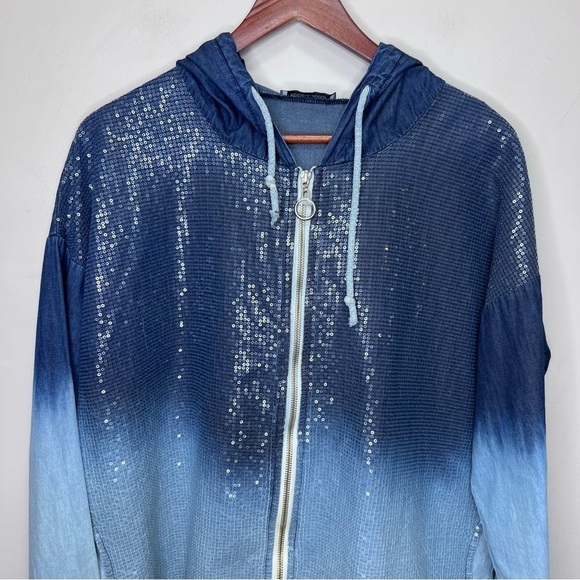 Angela Mara Blue Ombré Sequin Lightweight Hooded Jacket Size Small - Picture 4 of 11